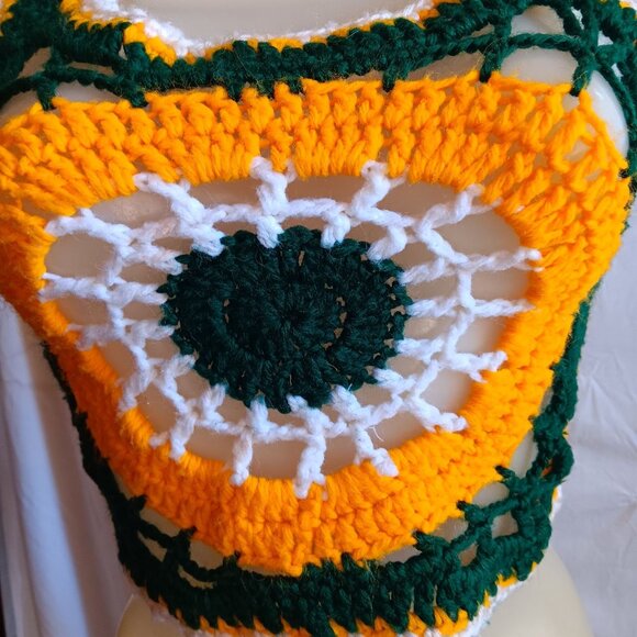 1OF1 Small Handmade Crochet Halter Top Green Yellow White Sunburst 1970's Hippy - Picture 3 of 5